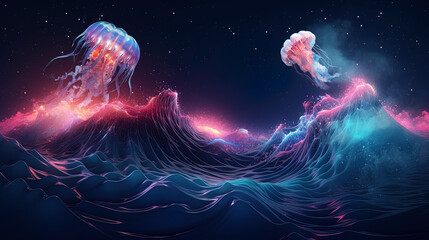 Wall Mural - neon wave, jellyfish, dark abstract background. ai generation