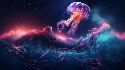 Sticker - Neon wave, jellyfish, dark abstract background. AI generation