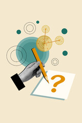 Vertical composite artwork photo collage of arm hold pencil write question mark guess riddle isolated on creative painted background