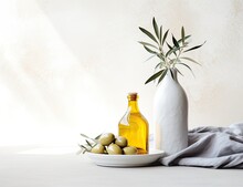 A Bottle Of Olive Oil On A Light Background With A Branch Of An Olive Tree. Created With Generative AI Technology.