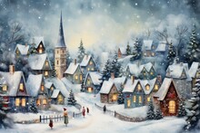 Winter In The City In Postcard Style, Watercolor Illustration. Merry Christmas And Happy New Year Concept. Background
