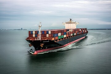 Wall Mural - Huge cargo ship sailing on sea drone view. Aerial insights into international shipping and trade