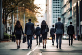 Fototapeta Mapy - Goal, back view of group business people crowd walking on street go to work at morning in city downtown, insurance, finance, business marketing, partnership, business target concept