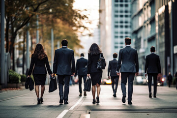 goal, back view of group business people crowd walking on street go to work at morning in city downt