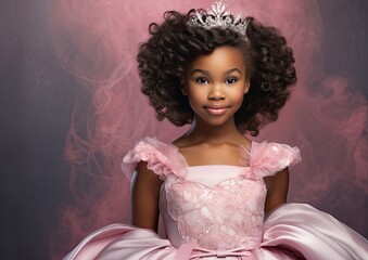 Wall Mural - Little-princess-cute-black-girl-wearing-tiara-in a delicate pink and gray dress. Created with Generative AI technology.