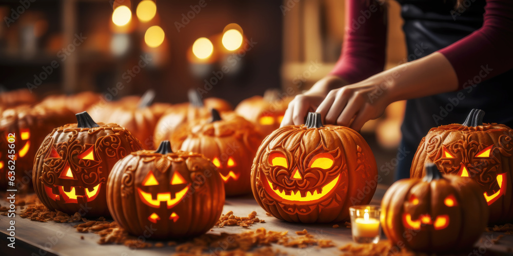 Jack O Lantern Carved From Pumpkin By Woman. Generative AI Stock ...