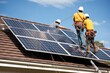 © Postproduction - Solar panel maintenance by engineers. Roof repair and sensor adjustment. Concept of sustainable energy management.