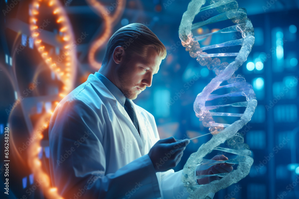 Scientist works in the laboratory and studies the structure of the dna ...