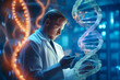 Scientist works in the laboratory and studies the structure of the dna molecule. Genetic engineering and gene manipulation concept. Generative AI