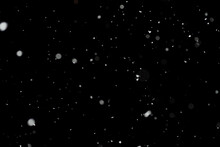 Bokeh Effect Of Snowfall And Lights. Abstract Blurred Background With Snowflake In The Night Sky, White Spots And Dots In The Dark. Snowy Stormy Weather, Falling Snow