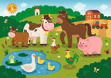 Fototapeta Pokój dzieciecy - Farm animals. Pond duck. Flying butterfly and honeybee. Domestic cow or lamb. Chicken in meadow. Frog and pig. Field tractor. Pony on ranch. Countryside tidy landscape. Vector rural scene