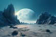 A desolate Venus-like world with a towering blue planet and lifeless oceanic landscape. Generative AI