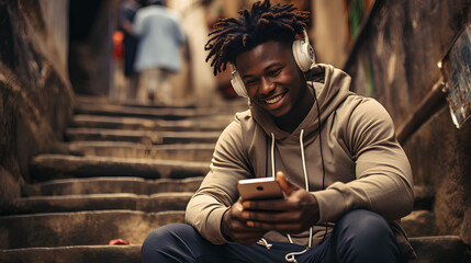 Wall Mural - Young african american man listening to music with headphones and mobile phone.