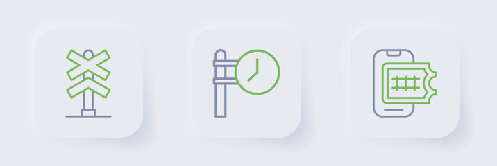 Set line Online ticket booking, Train station clock and Railroad crossing icon. Vector
