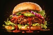 Yummy pulled pork burger with veggies on a bun. Ideal for posters/menus. Generative AI