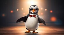 A Dapper Penguin Wearing A Bowtie And Sunglasses, Tapping Its Feet In A Fancy Dance Routine. Animal Card, Fairy Tale Illustration, Joyful Wallpaper. Generative AI. 