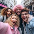 a group of young hipsters taking a selfie in the street, picture taken from above, laughing, wearing pastel colors. Happy youth concept. Generative AI