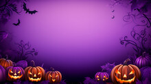 Halloween Background With A Pumkins, Bats, Spiders And Autumn Leaves In A Purple Colors With Copy Space