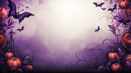 Halloween background with a pumkins, bats, spiders and autumn leaves in a purple colors with copy space