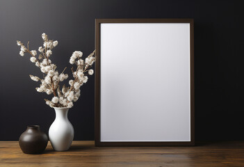 Black picture frame mockup with white cotton flowers in vase on wooden table and black wall. 3d rendering. Blackboard mockup with vase and vase on wooden shelf