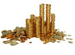 A 3d rendered overlay of a piles of golden coins isolated on a transparent background. 