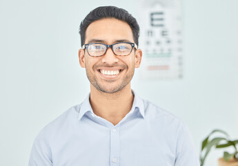 Man, face or glasses for vision, eye exam or optometry in clinic wellness, health or prescription frames. Happy, person, portrait or Mexican patient in optician, ophthalmology and eyesight assessment