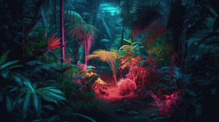 Wall Mural - Colorful Neon Light Tropical Jungle Plants in a Dreamlike and Surreal Landscape.