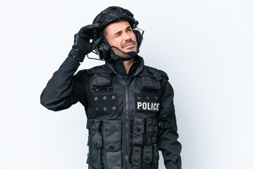 Wall Mural - Young caucasian SWAT man isolated on white background having doubts and with confuse face expression