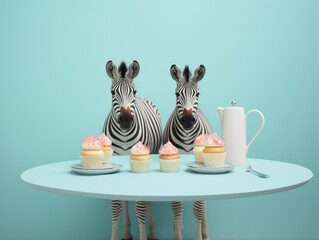 Wall Mural - Minimal concept of two zebra sitting at the table full of cakes in minimal pastel mint living room