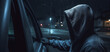 Thief wearing balaclava tries to break into a car at night. Car thief is trying to break into and get inside the car to steal. Generative AI