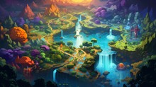 Game Map, Board Game Digital Board, Top View.forests And Floating Lands.Concept Art Scenery. Book Illustration. Video Game Scene. Serious Digital Painting. CG Artwork Background. Generative AI.
