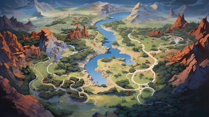 Wall Mural - Game Map, Board Game Digital Board, Top View.forests and floating lands.Concept Art Scenery. Book Illustration. Video Game Scene. Serious Digital Painting. CG Artwork Background. Generative AI.
