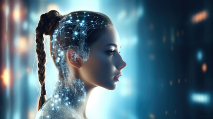 Fototapete - Cyborg beautiful girl with a neural network thinks, Artificial intelligence with a digital brain is learning to process big data.