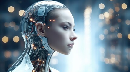 Fototapete - Cyborg beautiful girl with a neural network thinks, Artificial intelligence with a digital brain is learning to process big data.