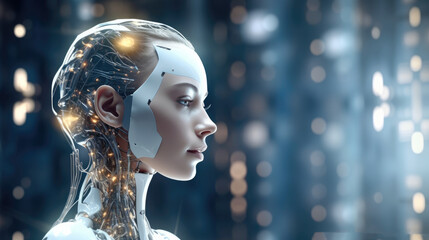 Fototapete - Humanoid cyber girl with a neural network, Robot woman or humanoid cyber girl, The concept of future technologies.
