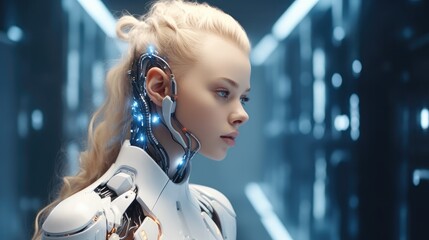 Fototapete - Humanoid cyber girl with a neural network, Robot woman or humanoid cyber girl, The concept of future technologies.