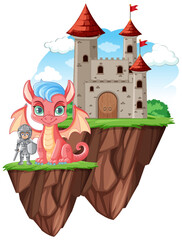 Wall Mural - Cute Dragon with Knight Standing in Front of Castle