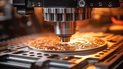 Fototapete - Laser cutting head, Close up of a CNC machine carving metal.