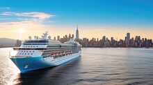 Cruise Liner Ship In Ocean With Blue Sky, Tourism Travel On Holiday Take A Vacation Time On Summer Concept.