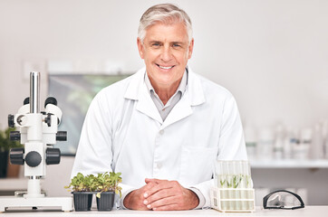 Poster - Science, botany and portrait of old man in laboratory for sustainability research, plant or biochemistry. Pharmacy, medical and healthcare with scientist and for product, ecology or agriculture study