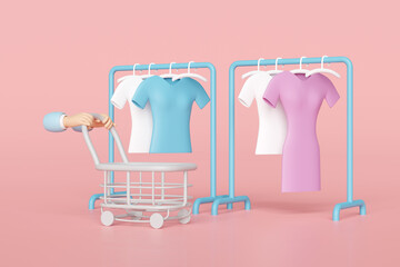 hand pushing a shopping carts empty with coat rack, shirt, hanger isolated on pink background. 3d render illustration