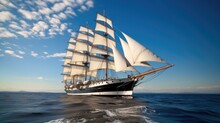 Sailing Ship, Beautiful Tall Ship Sailing Deep Blue Waters Toward Adventure.