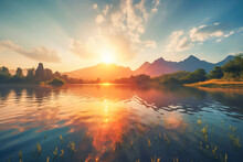 Scenic View Of Sunset Or Sunrise Over Lake Against Cloudy Sky And Mountains. Lakeshore In The Evening Summertime And Sunset Over The Lake. Generative AI
