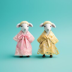 Two pink sheep on turquoise background, in the style of minimal retouching