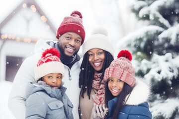 Closeup photo of cute family spending holly Christmas eve in decorated garland lights house near Chrismas tree outdoors