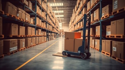 Leinwandbilder - Cardboard boxes on a pallet truck in a large industrial warehouse.