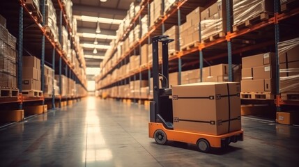 Leinwandbilder - Cardboard boxes on a pallet truck in a large industrial warehouse.