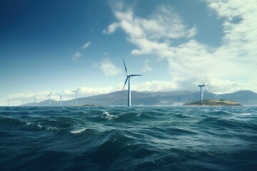 Wind farm with wind turbines in the sea.