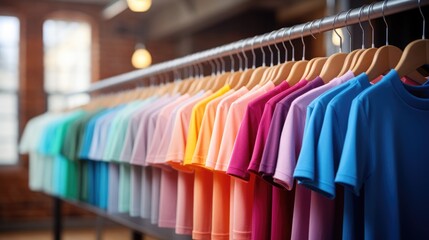 Wall Mural - plain t-shirts of different colors hang on a hanger, store interior blur