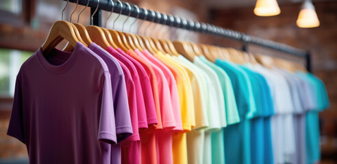 plain t-shirts of different colors hang on a hanger, store interior blur